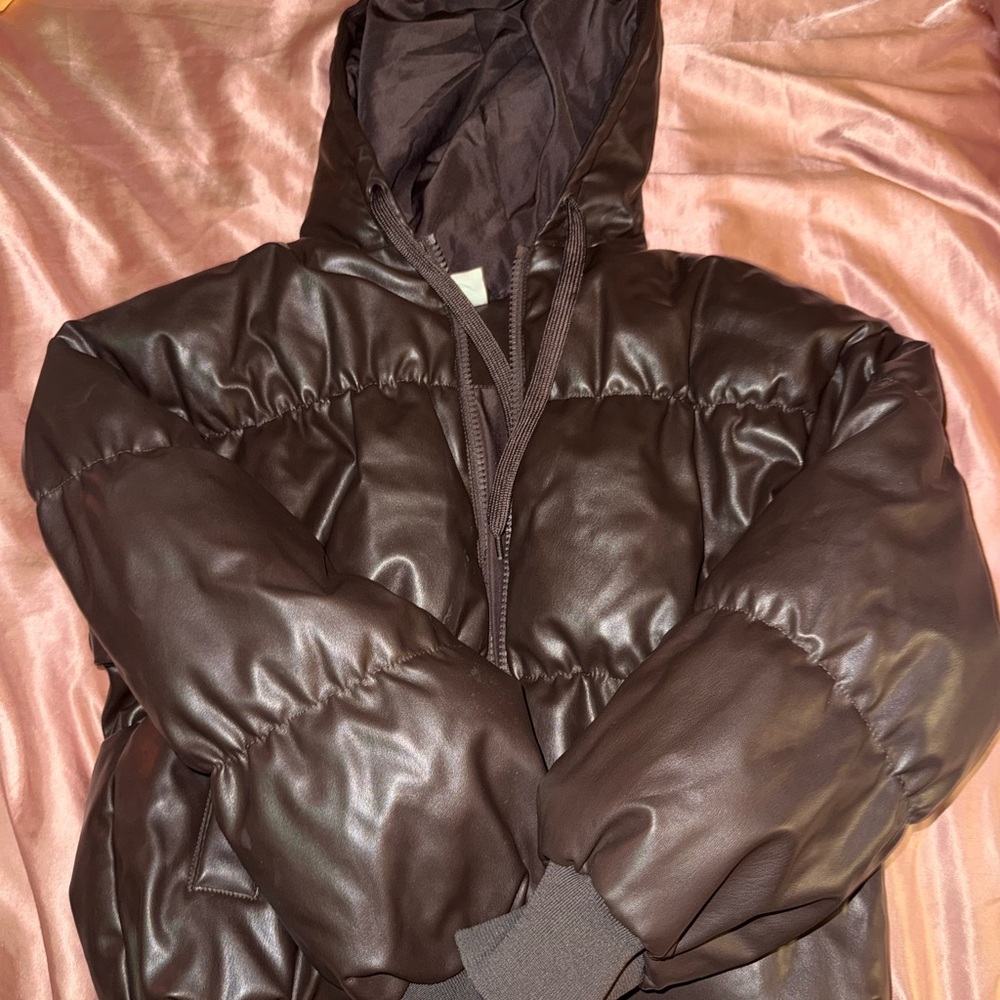 H&M Dark Brown Hooded Leather Jacket
